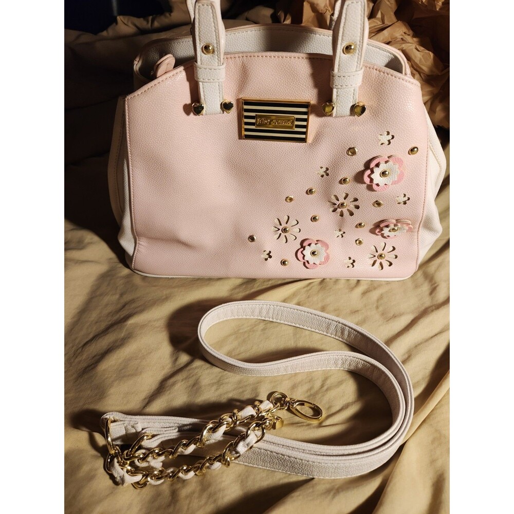 Betsey Johnson Pink Floral Satchel Crossbody Handbag Gold Hardware Flowers